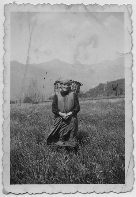 Purissima Morosoli con la gerla nella campagna di Vaglio