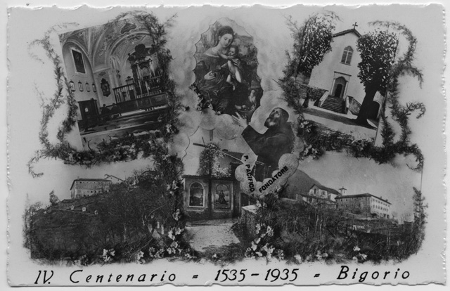 Cartolina commemorativa con collage di immagini per il IV. Centenario dalla fondazione del Convento di Bigorio