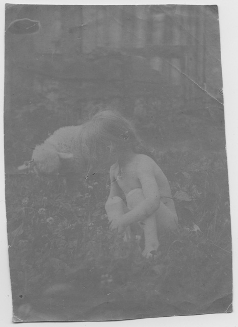 Nudo di bambina in un prato con pecora