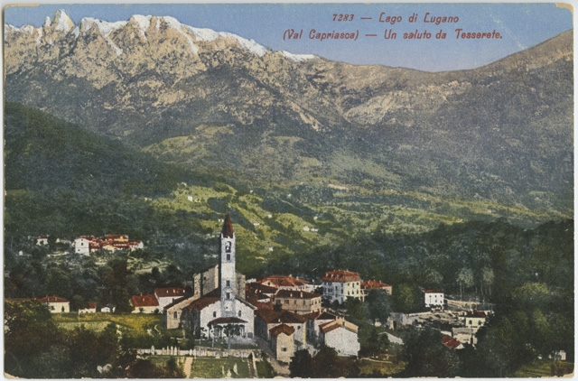 Cartolina dipinta di Tesserete con Cagiallo e i Denti della Vecchia