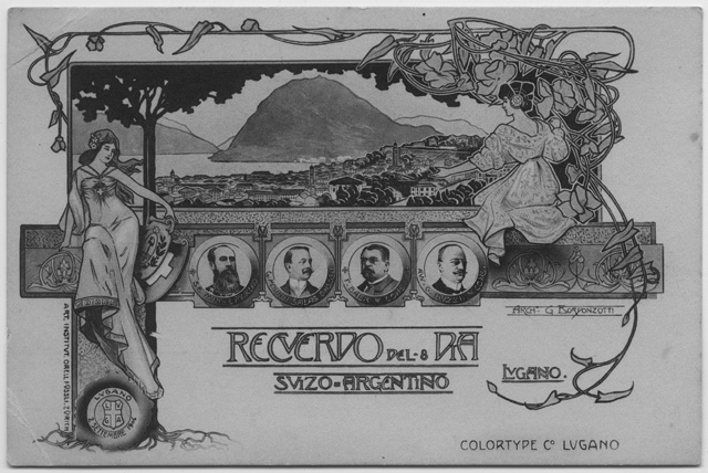 Cartolina illustrata del Monte San Salvatore con ritratto di Giovanni Buzzi (I da destra), console di Argentina a Lugano