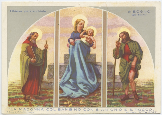 Cartolina illustrata della Madonna con i santi Antonio e Rocco