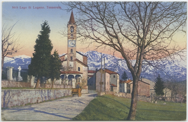 Cartolina illustrata della chiesa di Santo Stefano a Tesserete