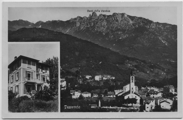 Cartolina di Tesserete con la Pensione Villa Aprica e i Denti della Vecchia