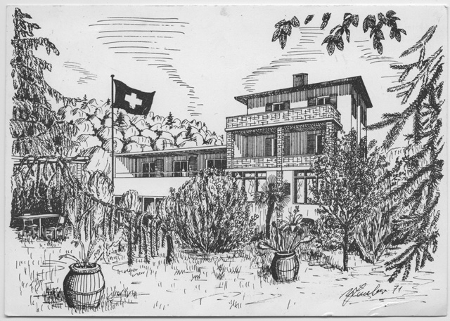 Cartolina illustrata della Pensione Villa Aprica a Tesserete