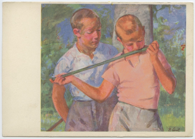 Cartolina con il dipinto di Regina Conti "Piccoli flautisti"