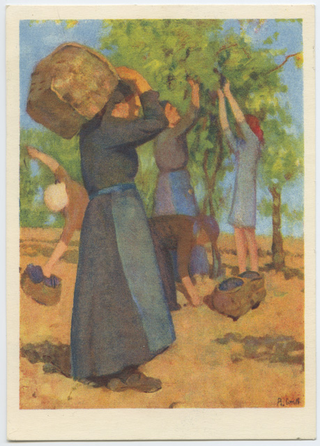 Cartolina con il dipinto di Regina Conti "La vendemmia"