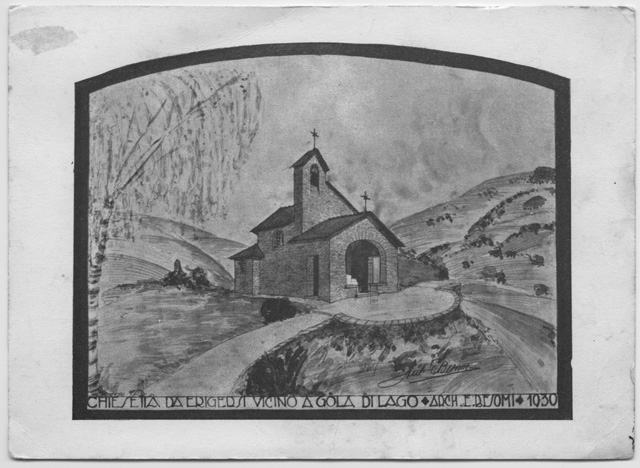 Cartolina della chiesa di Maria SS Ausiliatrice sui Monti di Gola di Lago