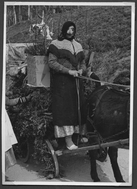 Donna mascherata da befana a bordo di un carretto