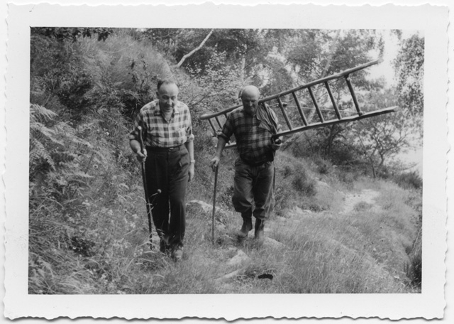 Due uomini su un sentiero mentre trasportano una scala