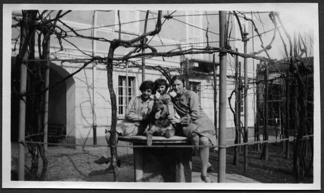 Ragazze in posa in giardino con cane