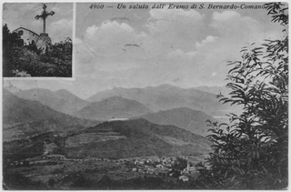 Cartolina di Comano con l'oratorio di San Bernardo