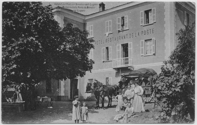 Cartolina dell'Hotel Posta con la diligenza postale a Sonvico