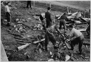 Uomini durante il taglio della legna alla Capanna del Monte Bar