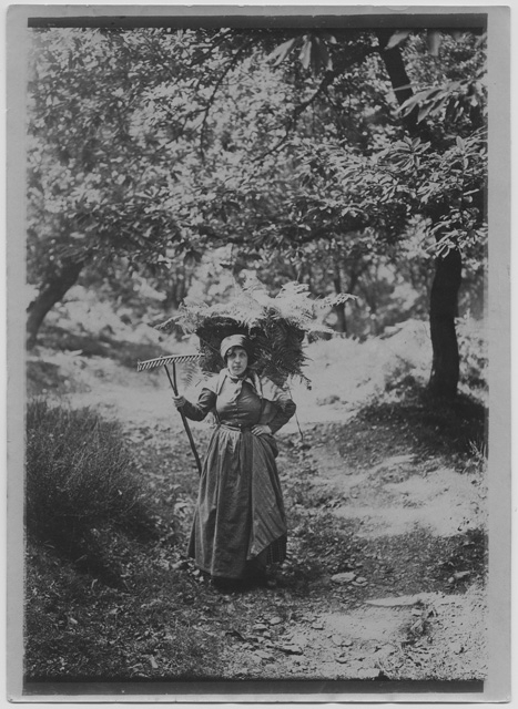 Donna con gerla e rastrello in costumi valcollini