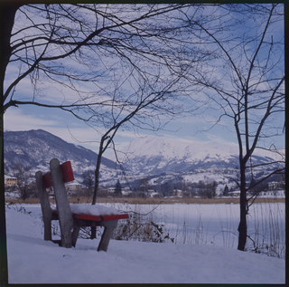 Veduta di Origlio innevata con il laghetto