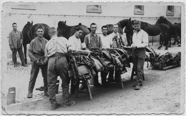 Militari mentre sellano dei cavalli