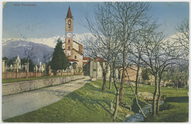 Cartolina dipinta di Tesserete con la chiesa di Santo Stefano e il riale San Giovanni