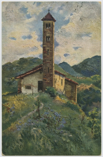 Cartolina dipinta della chiesa dei Santi Pietro e Paolo a Sureggio