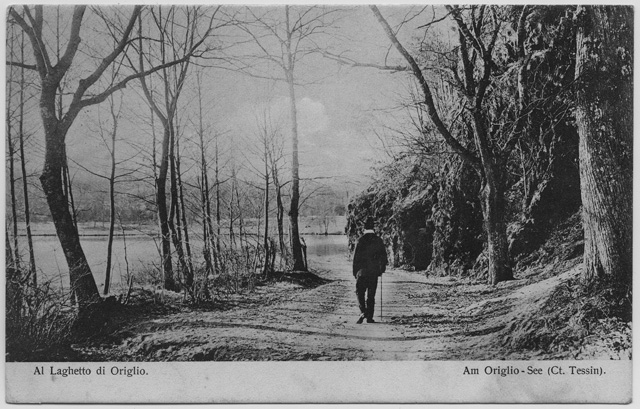 Cartolina di Origlio con il laghetto