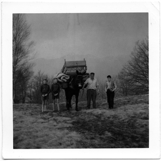 Uomo con ragazzi che trasporta un letto