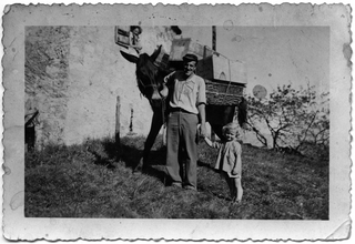 Plinio Storni con una bimba e il cavallo da trasporto