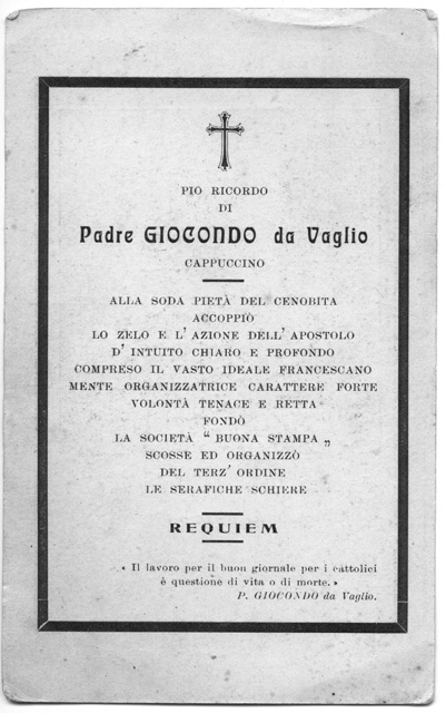 Biglietto in ricordo di Padre Giocondo da Vaglio